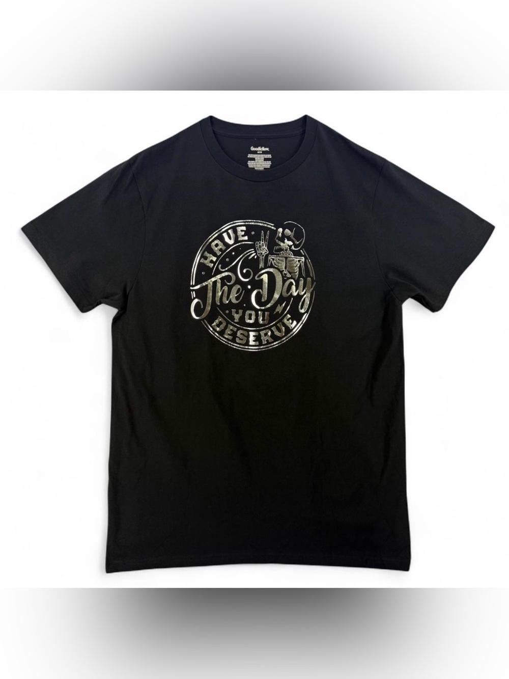 Metallic Silver "Have The Day You Deserve" Graphic Black T-Shirt Men Large NEW